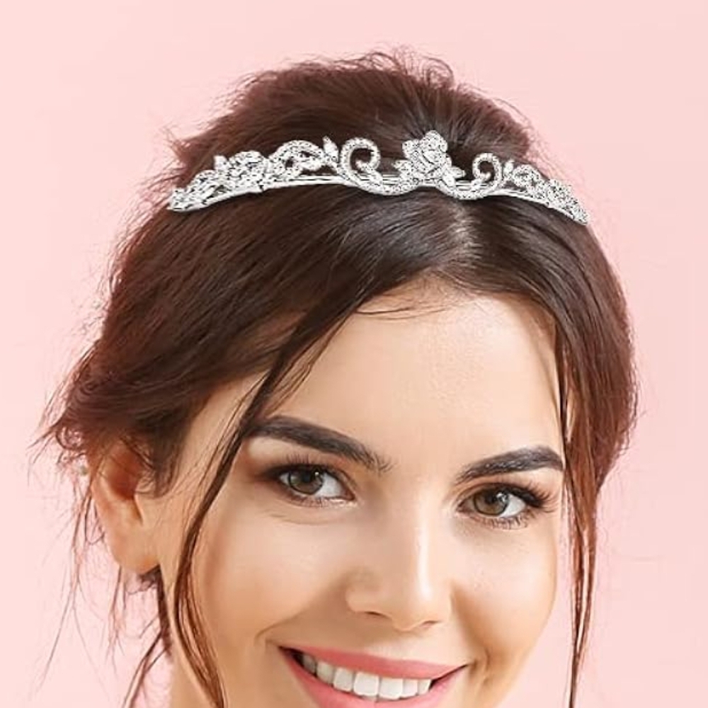 Silver Crystal Rose Princess-Style Hair Accessory Tiara